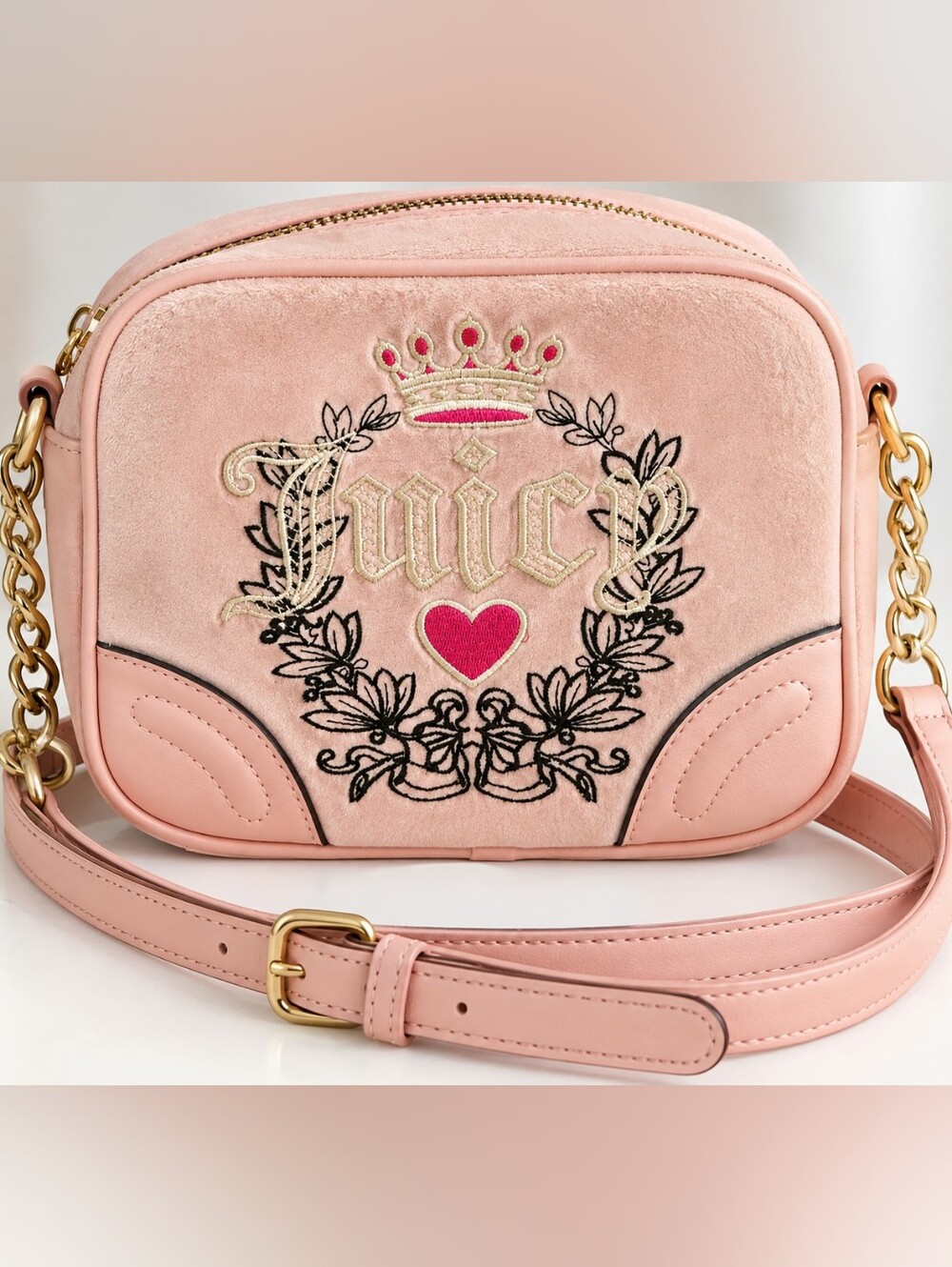 Juicy Couture Blush Pink Embroidered Suede/Velour Crossbody Bag - Picture 2 of 6